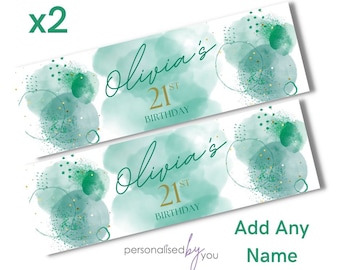 2 x Personalised Birthday Banners Large Sage Green Gold Add Name & Age Free Delivery 16th 18th 21st 30th 40th 50th 60th etc
