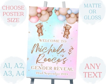Personalised Bear Theme Welcome Baby Shower Gender Reveal Party Sign Poster Banner ANY Names A1 A2 A3 A4 Free Delivery