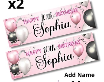 2 x Personalised Birthday Banners Large PINK Black Add Name & Age Free Delivery