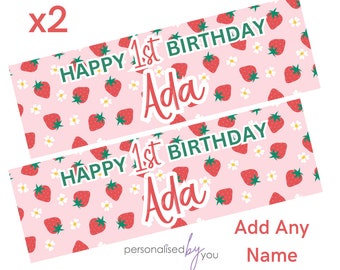 2 x Personalised Birthday Banners Large Pink STRAWBERRIES Add Name & Age Free Delivery 16th 18th 21st 30th 40th 50th 60th etc