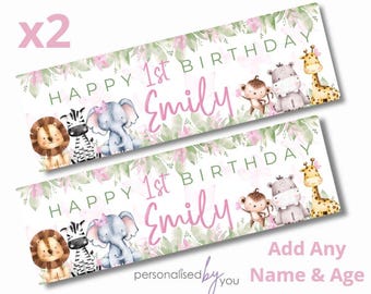 2 x Personalised Pink WILD SAFARI Animals Birthday Banner LARGE Kids Party Poster Free Delivery