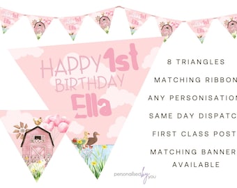 Personalised Pink Farm Theme BIRTHDAY Party Banner Decoration Bunting FREE DELIVERY