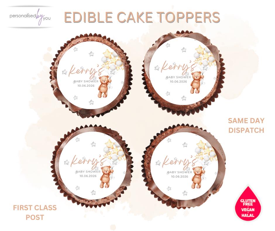 EDIBLE Cupcake CAKE Toppers Personalised Baby Shower Yellow Bear Theme ...