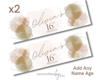 2 x Personalised Birthday Banners Large Beige Brown Gold Add Name & Age Free Delivery 16th 18th 21st 30th 40th 50th 60th etc