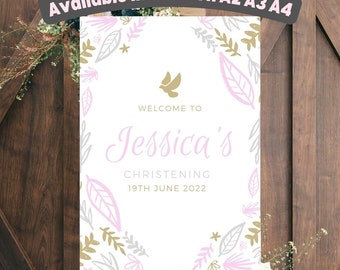Personalised CHRISTENING Baptism Party Sign POSTER Banner ANY Names Flowers A1 A2 A3 A4