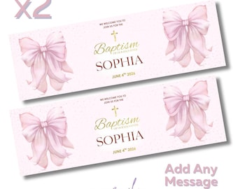 2 x Personalised Pink Bow Christening Banner LARGE Kids Party Poster Free Delivery