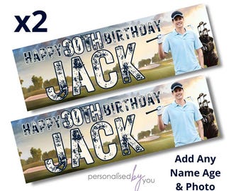 2 x Personalised Birthday Banners Large GOLF Theme Add Name Age & Photo Free Delivery