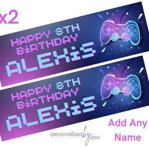 May include: Two printable birthday banner designs with a neon blue and purple colour scheme. The banners feature a pixelated text that says "Happy 8th Birthday Alexis" and a neon blue and purple video game controller. The text "Add Any Name" is also included on the banner.