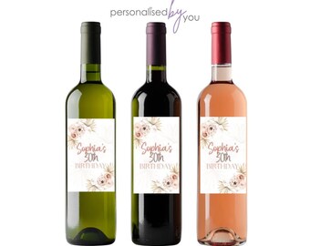 3 x Personalised Custom Wine Bottle Labels Sticker Birthday Blush Flowers FREE DELIVERY