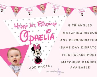 Personalised Photo Disney Minnie Mouse Theme Birthday Baby Shower Party Banner Decoration Bunting PINK FREE DELIVERY