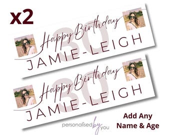 2 x Banners de fotos de cumpleaños personalizados grandes burdeos. Agregar nombre, edad y foto. Entrega gratuita.