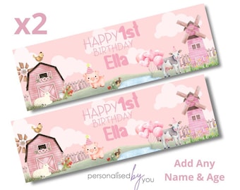2 x Personalised Pink FARM THEME Birthday Banner LARGE Kids Party Poster Free Delivery