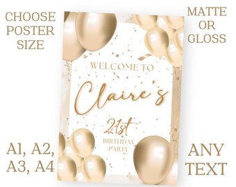 Cartel de bienvenida personalizado para fiesta temática de cumpleaños con globos dorados, pancarta y nombre (tamaño A1, A2, A3, A4). Entrega gratuita.