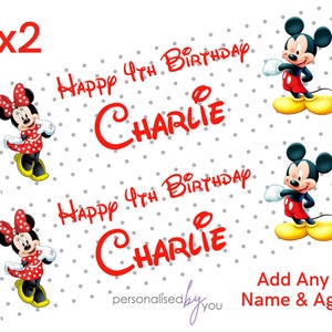 May include: Two printable stickers featuring Mickey Mouse and Minnie Mouse. The stickers are white with red polka dots and feature the text "Happy 4th Birthday Charlie".