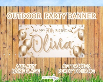 Personalised OUTDOOR Birthday Banners Large Gold Add Name & Age Free Delivery 16th 18th 21st 30th 40th 50th 60th etc 4FT