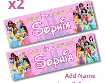2 x Personalised Disney Princesses Birthday Banners LARGE Kids Party Poster Free Delivery