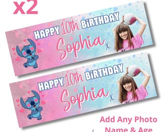 2 x Personalised PHOTO Disney Stitch Theme Birthday Banner LARGE Kids Party Poster FREE Delivery Pink