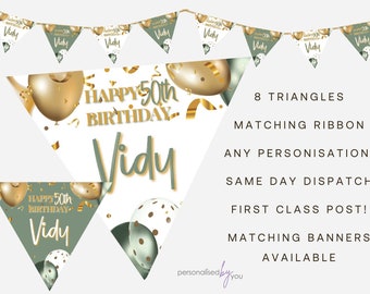 Personalised Sage Green Gold Theme BIRTHDAY Party Banner Decoration Bunting FREE DELIVERY