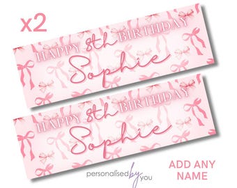 2 x Personalised Birthday Banners Large Pink BOWS Add Name & Age Free Delivery 16th 18th 21st 30th 40th 50th 60th etc