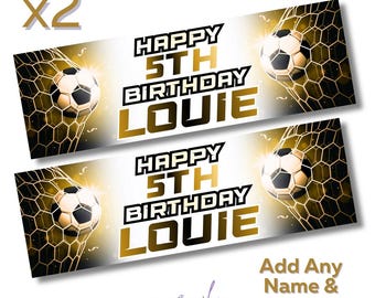 2 x Personalised Birthday Banners Large Football GOAL Gold Theme Add Name Age Free Delivery