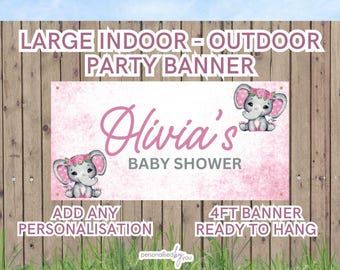 Personalised INDOOR OUTDOOR Baby Shower Banner Poster Large Pink ELEPHANT Theme Add Name Free Delivery 4FT