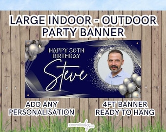 Personalised Outdoor - Indoor Birthday Banners Large Navy Blue Silver Add Name Age Photo Free Delivery 18th 21st 30th 40th 50th 60th etc 4FT