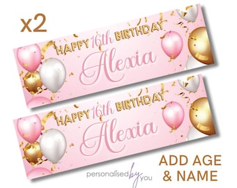 2 x Personalised Birthday Banners Large PINK Gold Add Name & Age Free Delivery