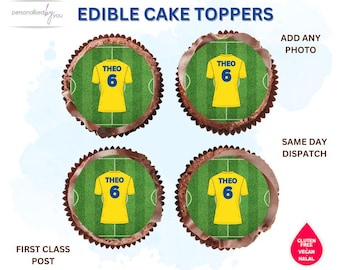 EDIBLE Cupcake Cake Toppers Personalised Yellow Blue Football Theme Printed Icing or Rice Wafer 2"