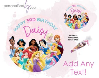 Personalised Disney Princesses Pink Birthday Custom Round Printed Stickers Custom Logo Labels For PARTY Free Delivery