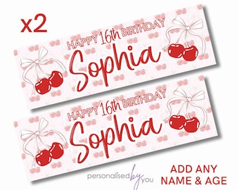 2 pancartas de cumpleaños personalizadas, grandes lazos rojos y cerezas. Agregue nombre y edad. Entrega gratuita los días 16, 18, 21, 30, 40, 50, 60, etc.