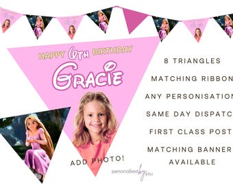 Personalised Photo Disney Princess Rapunzel Theme Birthday Baby Shower Party Banner Decoration Bunting PINK FREE DELIVERY