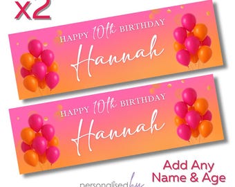 2 pancartas de cumpleaños personalizadas grandes, rosa y naranja. Añade nombre y edad. Envío gratuito. 16, 18, 21, 30, 40, 50, 60 años.