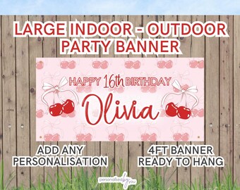 Personalised Cherries and Bows Theme Birthday OUTDOOR INDOOR Birthday Banner Poster Large Add Name & Age Free Delivery 4FT