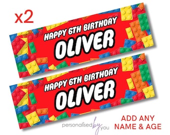 2 x Personalised BUILDING blocks Happy Birthday Banners LARGE Kids Party Poster Free Delivery