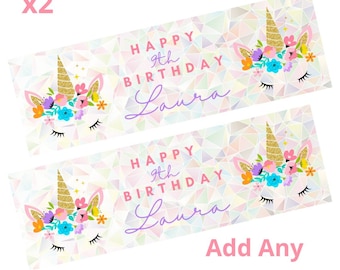 2 x Personalised UNICORN Birthday Banners Large Add Name & Age Free Delivery