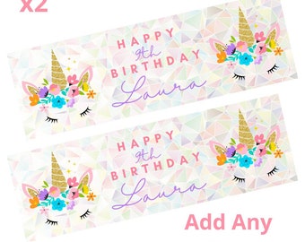2 x Personalised UNICORN Birthday Banners Large Add Name & Age Free Delivery