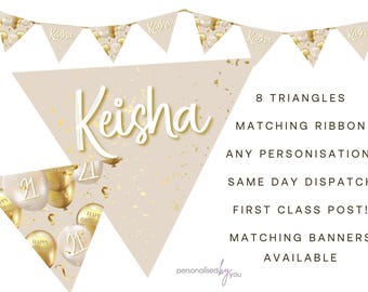 Personalised Gold Beige Theme BIRTHDAY Party Banner Decoration Bunting FREE DELIVERY