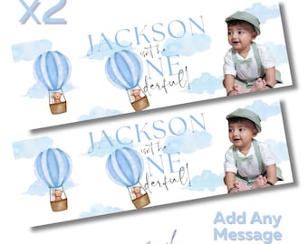 2 x Personalised isn't he ONEderful Theme 1st Birthday Photo Banner LARGE Kids Party Poster Free Delivery BLUE