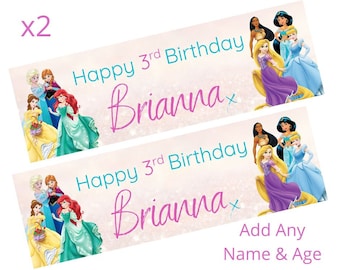 2 x Personalised Disney Princesses Birthday Banners LARGE Kids Party Poster Free Delivery