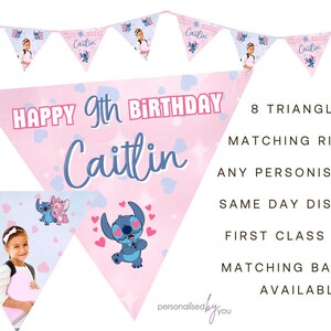 May include: Pink and blue triangle banner with a Stitch character and the text "Happy 9th Birthday Caitlin".