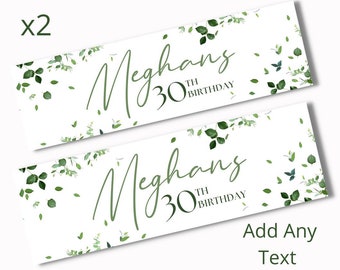 2 x Personalised Happy Birthday Banners Large Green Leaves Add Name & Age Free Delivery