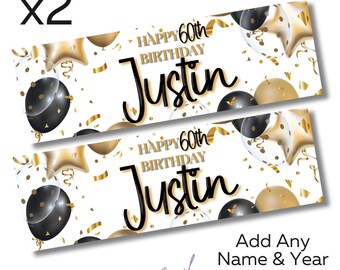 2 x Personalised Birthday Banners Large BLACK Gold Add Name & Age Free Delivery