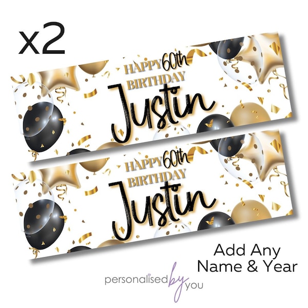 2 x Personalised Birthday Banners Large BLACK Gold Add Name & Age Free Delivery