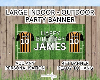 Personalised Football Theme ORANGE and Black OUTDOOR INDOOR Birthday Banner Poster Large Add Name & Age Free Delivery 4FT