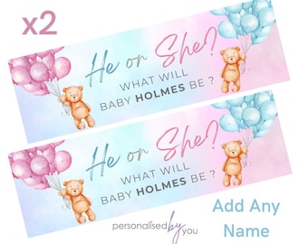 2 x Personalised Baby Shower Gender Reveal Banners Large Beige Teddy Bear ANY TEXT FREE Delivery Pink / Blue