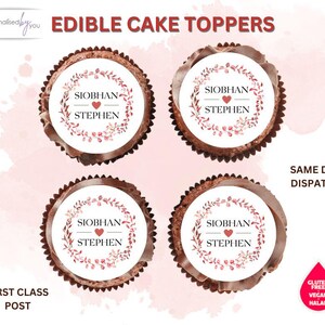 May include: Four edible cake toppers featuring a watercolour floral design with the names Siobhan and Stephen and a heart symbol between them.
