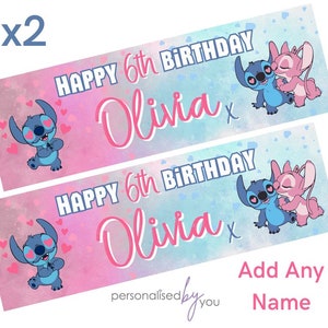 May include: Two pink and blue banners featuring a cartoon couple of Stitch and Angel from the Disney movie Lilo & Stitch. The banners read "Happy 6th Birthday Olivia" with a pink heart and an "X" in the corner. The banners are for a 6th birthday party.