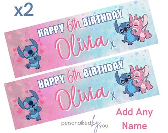 May include: Two pink and blue banners with a cartoon couple of Stitch and Angel from the Disney movie Lilo & Stitch. The banners say "Happy 6th Birthday Olivia" with a pink heart and an "X" in the corner. The banners are for a 6th birthday party.