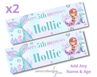 2 x Personalised Birthday Banners Large Mermaid Add Name & Age Free Delivery 16th 18th 21st 30th 40th 50th 60th etc