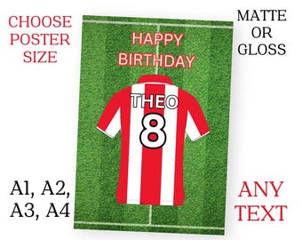 Personalised Birthday Red & White Stripes Football Theme Party Sign Poster Banner ANY Names A1 A2 A3 A4 Free Delivery Kids Party Event